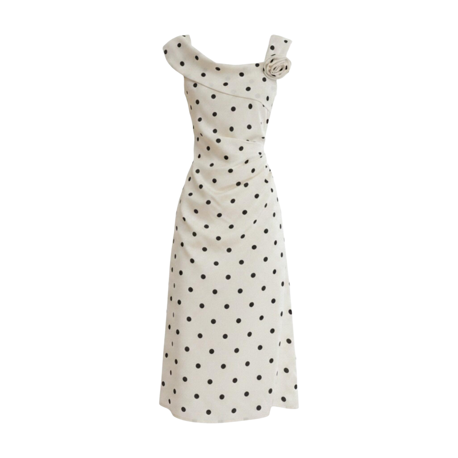 FINDSME GAGA Sleeveless Dresses Women's Polka Dot Asymmetrical Collar Moderate Midi Skirt