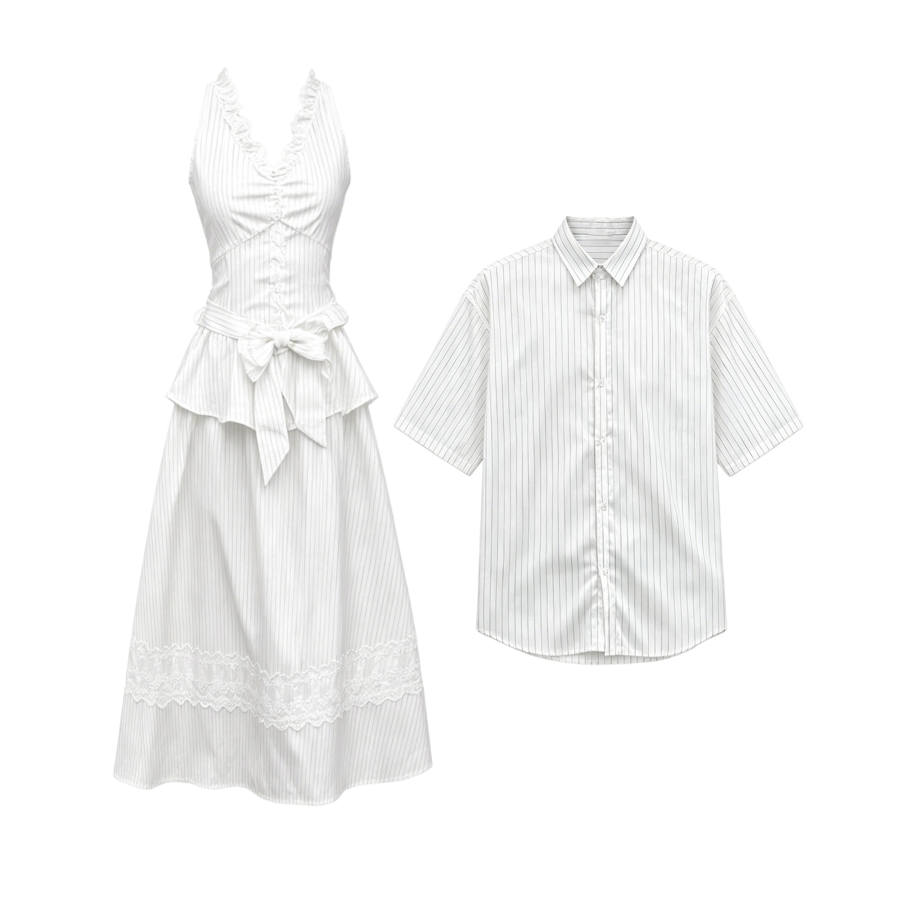 TUSHIFEI Couple Sets Women's Polo Collar Moderate Midi Skirt