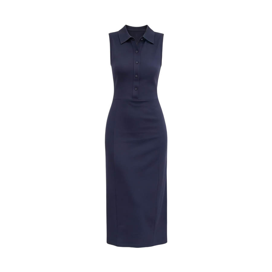 TUSHIFEI Sleeveless Dresses Women's Navy Blue Polo Collar Moderate Midi Skirt A Line Skirt