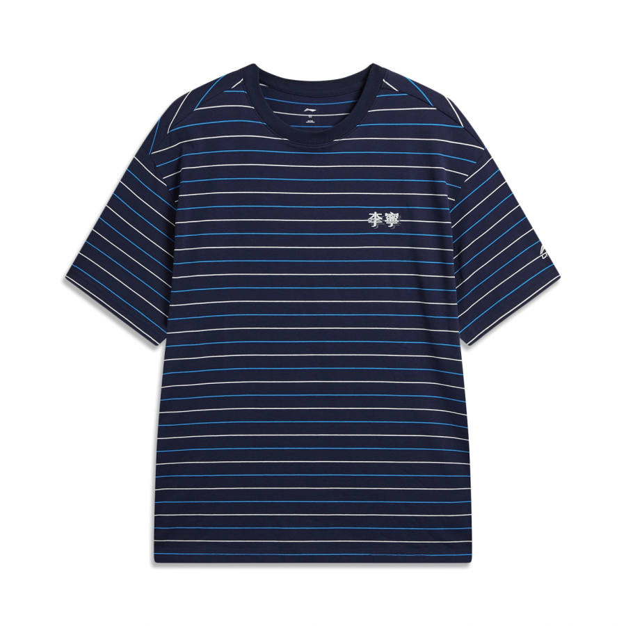 Li-Ning Li Ning Sports Life Collection T Shirts Unisex Deep Navy Blue Stripes Crew Neck Moderate