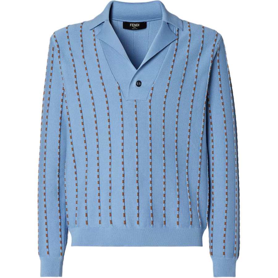FENDI Knitwear Men's Light Blue Polo Collar Moderate Straight Fit