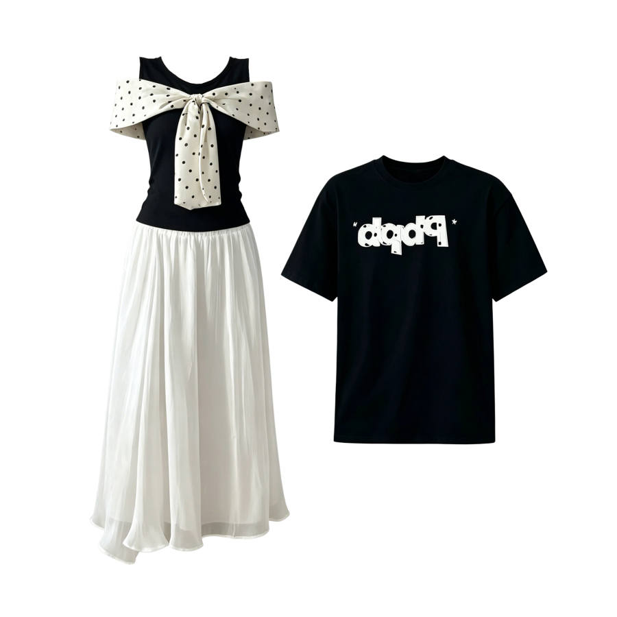 TUSHIFEI Couple Sets Women's Crew Neck Moderate Long Skirt