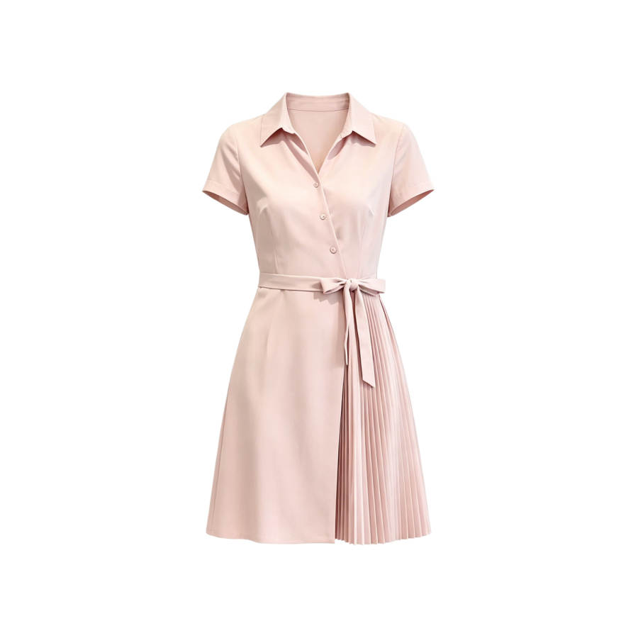 TUSHIFEI Short Sleeved Dresses Women's Pink Polo Collar Moderate Midi Dress A Line Skirt