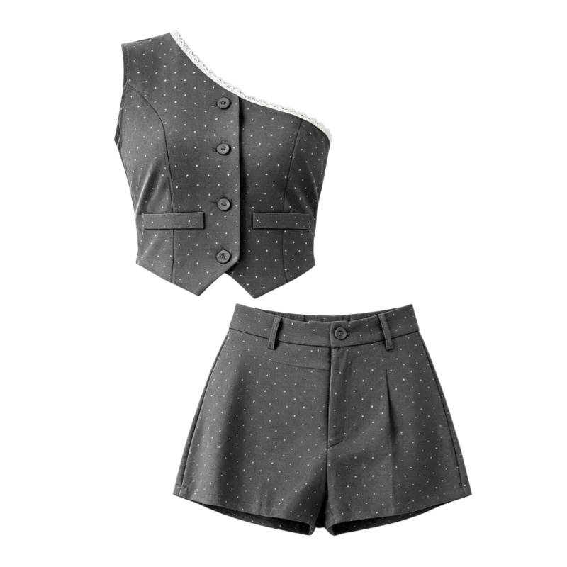 CPAURA Two Piece Skirt Sets Women's Asymmetrical Collar Moderate Short Skirt
