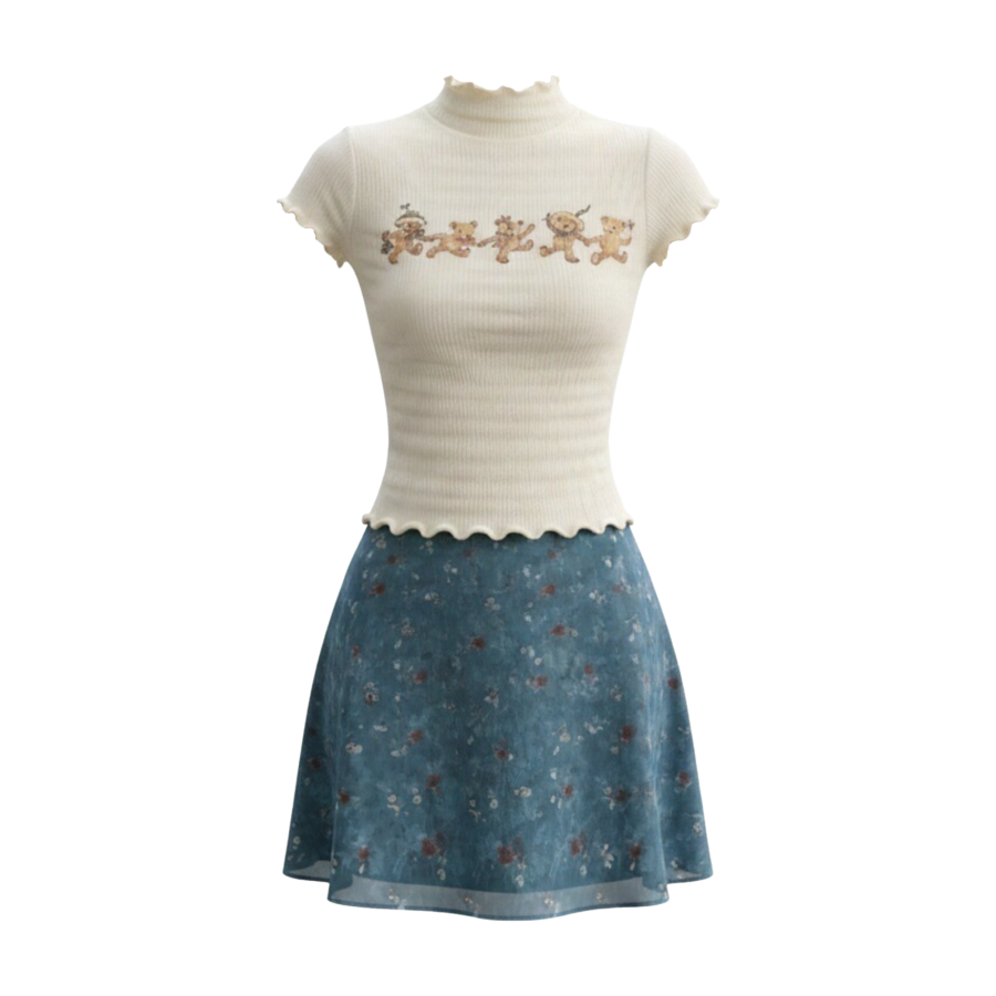 FINDSME GAGA Two Piece Skirt Sets Women's Half Turtleneck Moderate Short Skirt