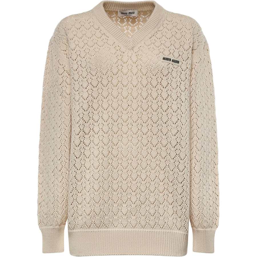 MIU MIU Knitwear Women's Ivory White V Neck Moderate Straight Fit
