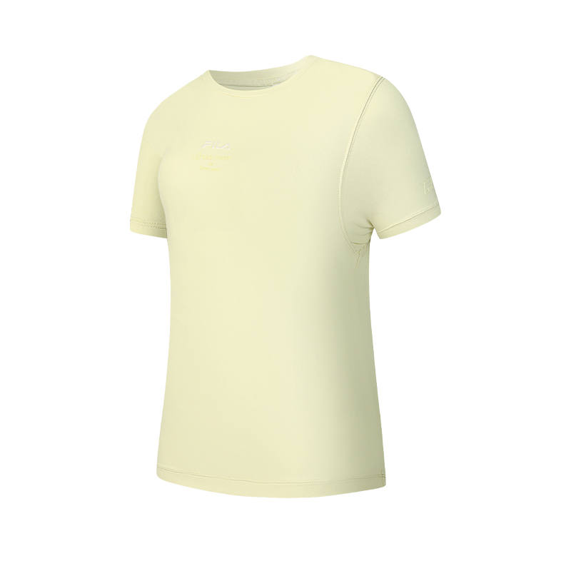 FILA Fitness T Shirts Women's Pear Blossom Yellow Crew Neck Moderate Straight Fit