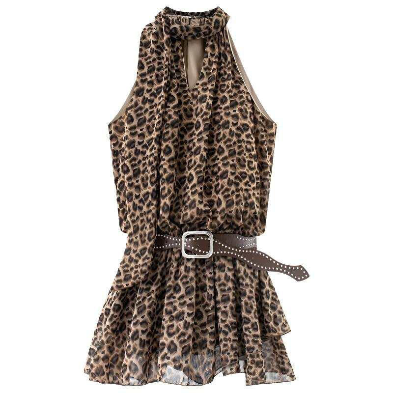 CHARM GLOW Sleeveless Dresses Women's Leopard Print Halter Thin Short Skirt A Line Skirt