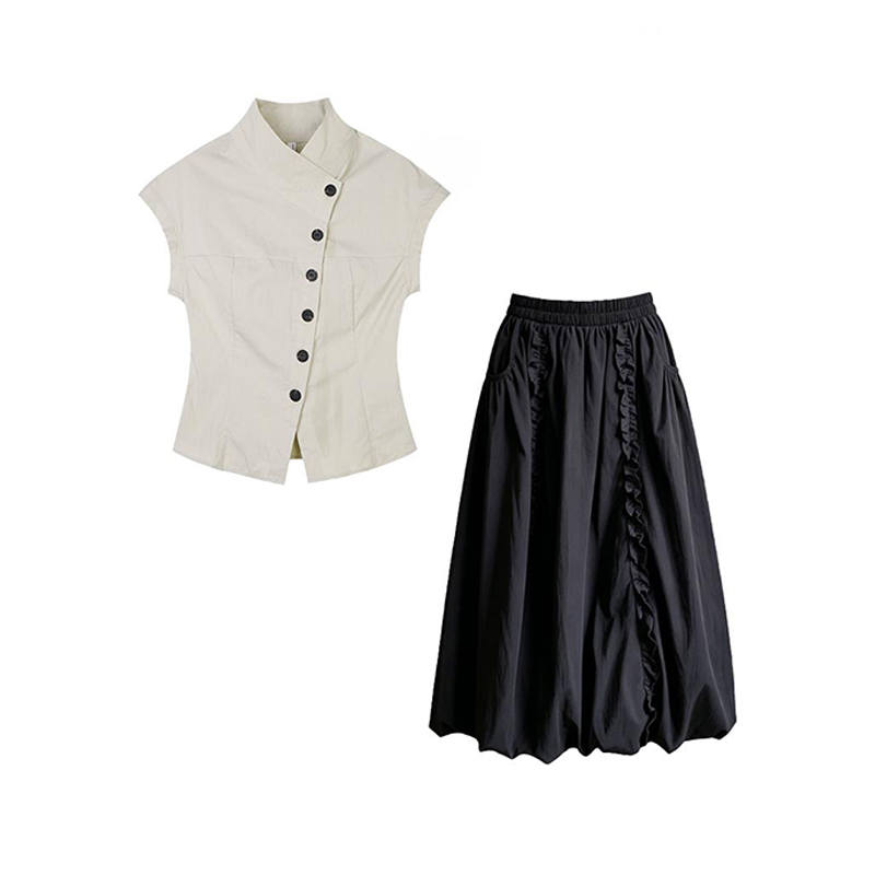 MARIE·COCO Two Piece Skirt Sets Women's Stand Collar Moderate Midi Skirt