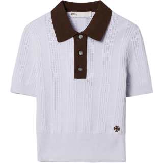 TORY BURCH Knitwear Women's Heather Gray & Blue & Grass & Wood Brown Polo Collar Moderate Straight Fit