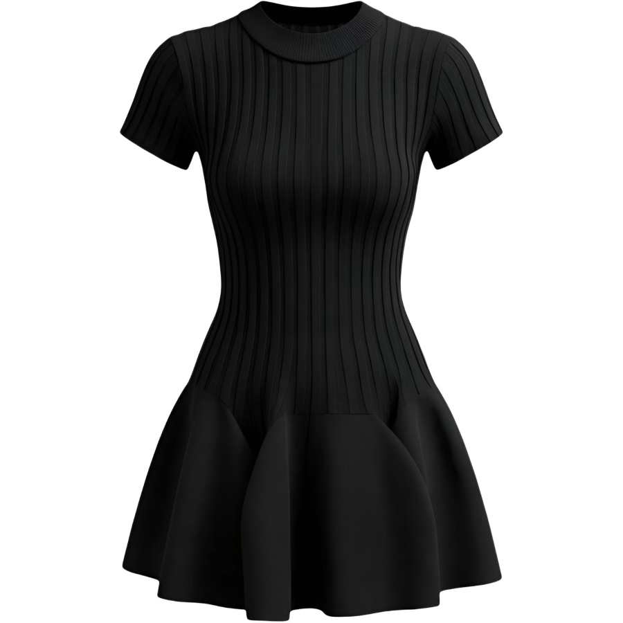 CHARM GLOW Short Sleeved Dresses Women's Black Crew Neck Thin Short Skirt A Line Skirt