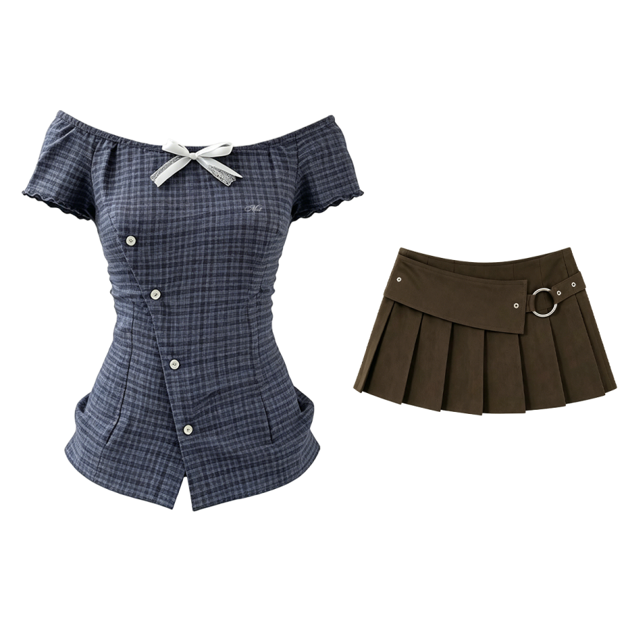 MostwantedLab Two Piece Skirt Sets Women's Boat Neck Moderate Short Skirt