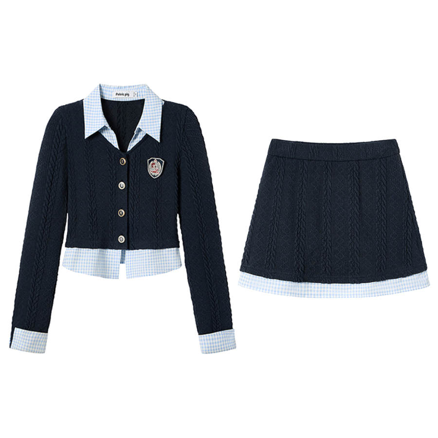 FABRIC PIG Two Piece Skirt Sets Women's Long Sleeved Top+Short Skirt Lapel Moderate Short Skirt