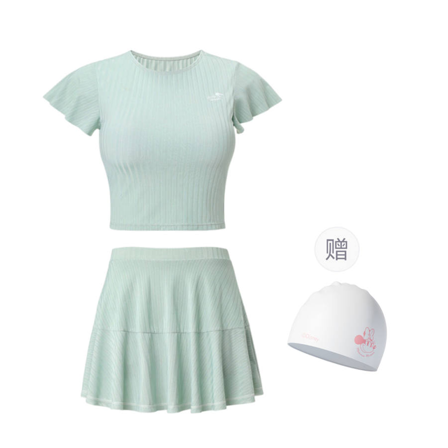 Disney Two Piece Swimsuits Women's Green Includes Swimming Cap Crew Neck Thin Short Skirt Two Piece Swimsuit
