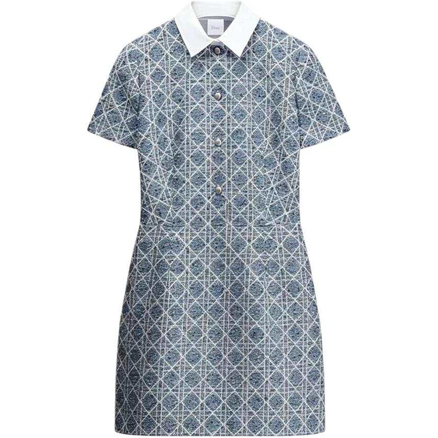 DIOR Short Sleeved Dresses Women's Blue Lapel Moderate Short Skirt Other