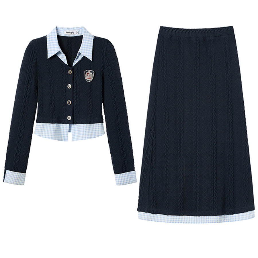 FABRIC PIG Two Piece Skirt Sets Women's Long Sleeved Top+Long Skirt Lapel Moderate Short Skirt