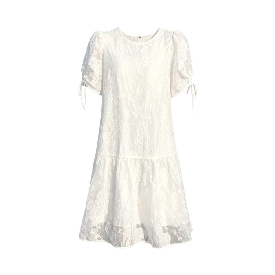 Sugarfunk Short Sleeved Dresses Women's White Crew Neck Thin Midi Dress Tiered Skirt