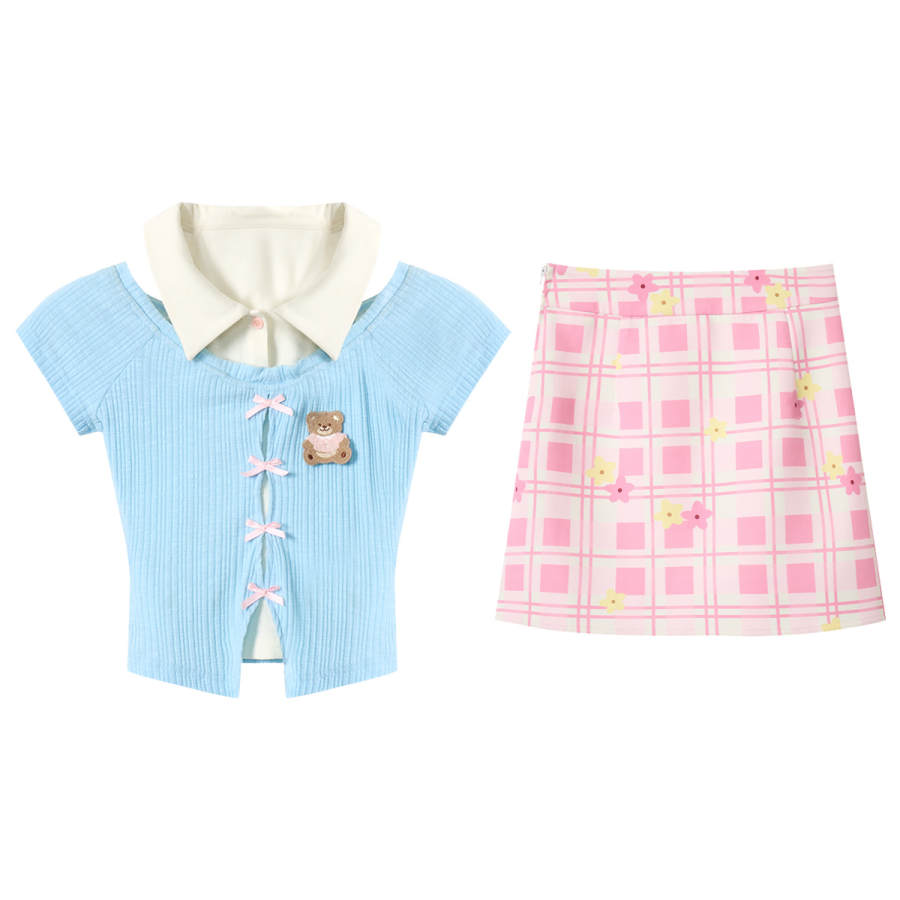 FABRIC PIG Two Piece Skirt Sets Women's Short Sleeved Top+Short Skirt Lapel Thin Short Skirt