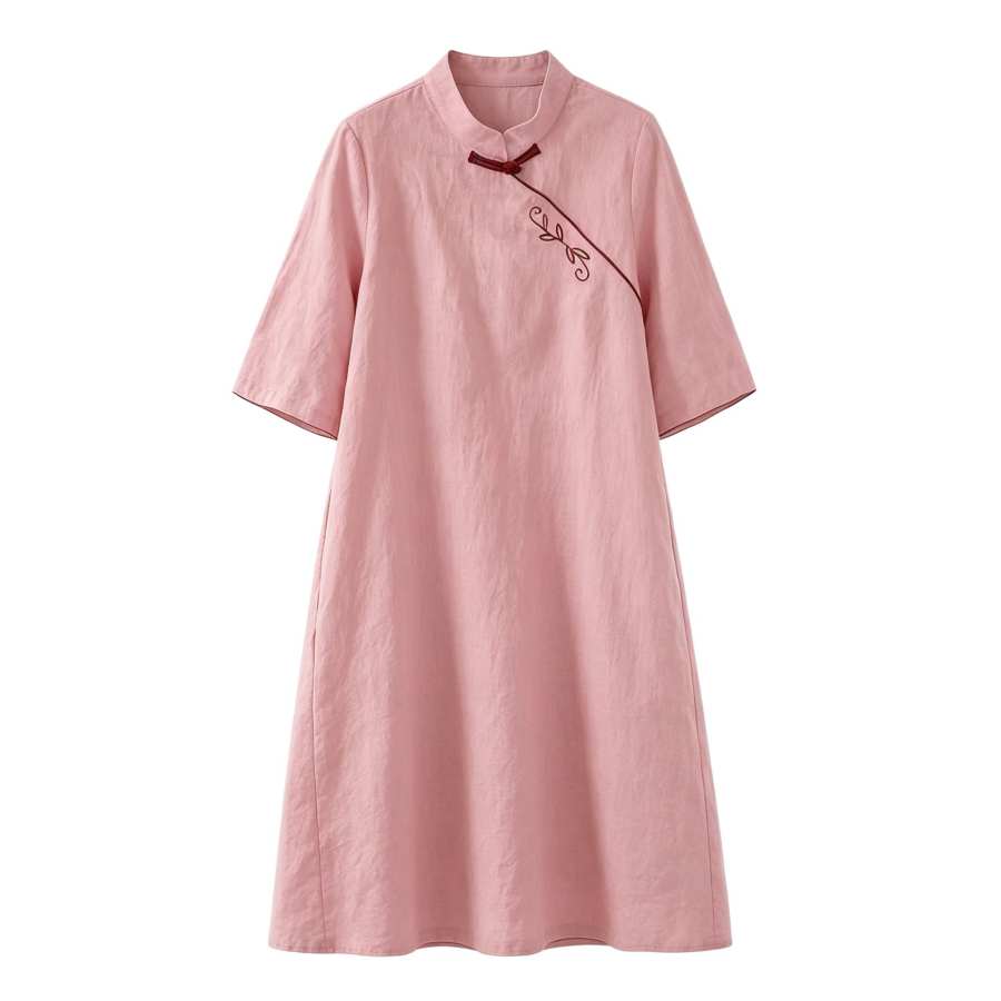 Sugarfunk Short Sleeved Dresses Women's Stand Collar Thin Long Skirt A Line Skirt