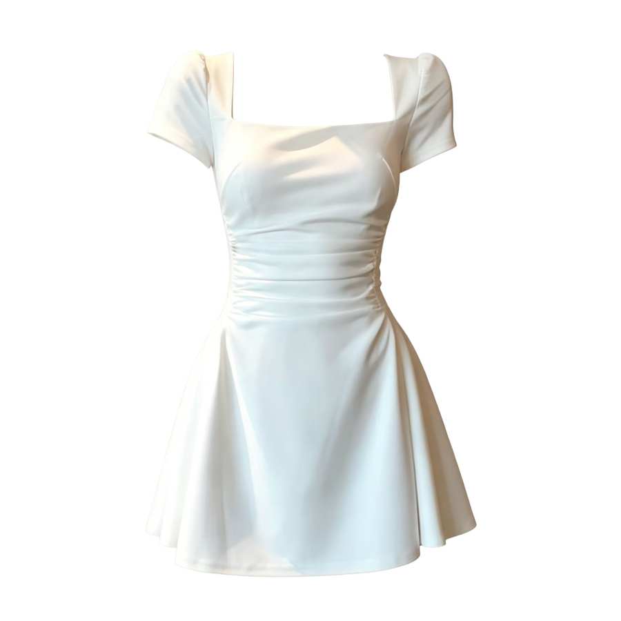 Sugarfunk Short Sleeved Dresses Women's Square Collar Thin Short Skirt A Line Skirt