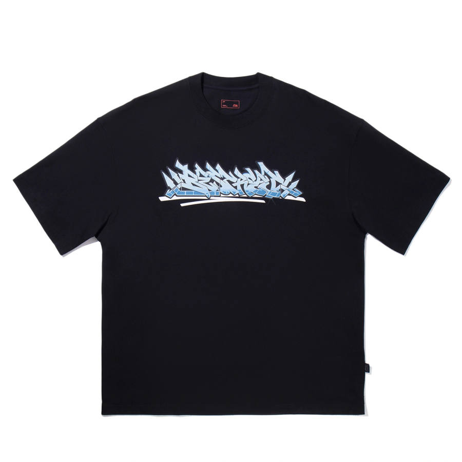 Li-Ning Li Ning T Shirts Unisex Black Crew Neck Moderate Straight Fit