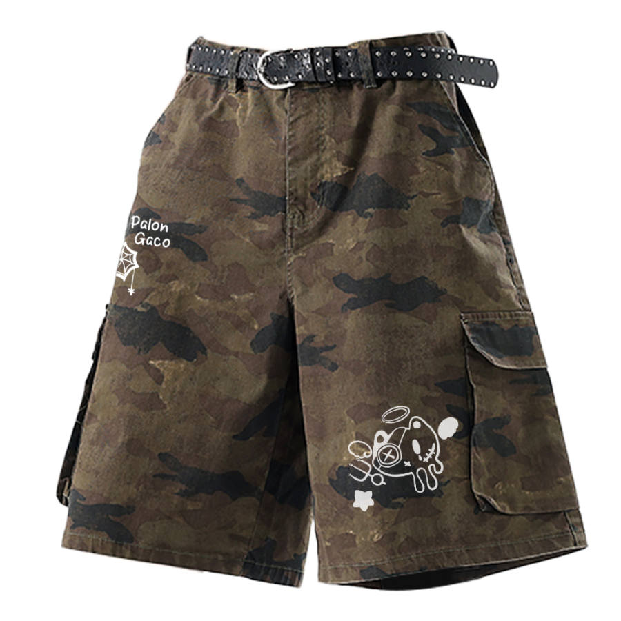 PAL ONGACO Denim Shorts Unisex Camouflage Moderate Straight Fit Pants