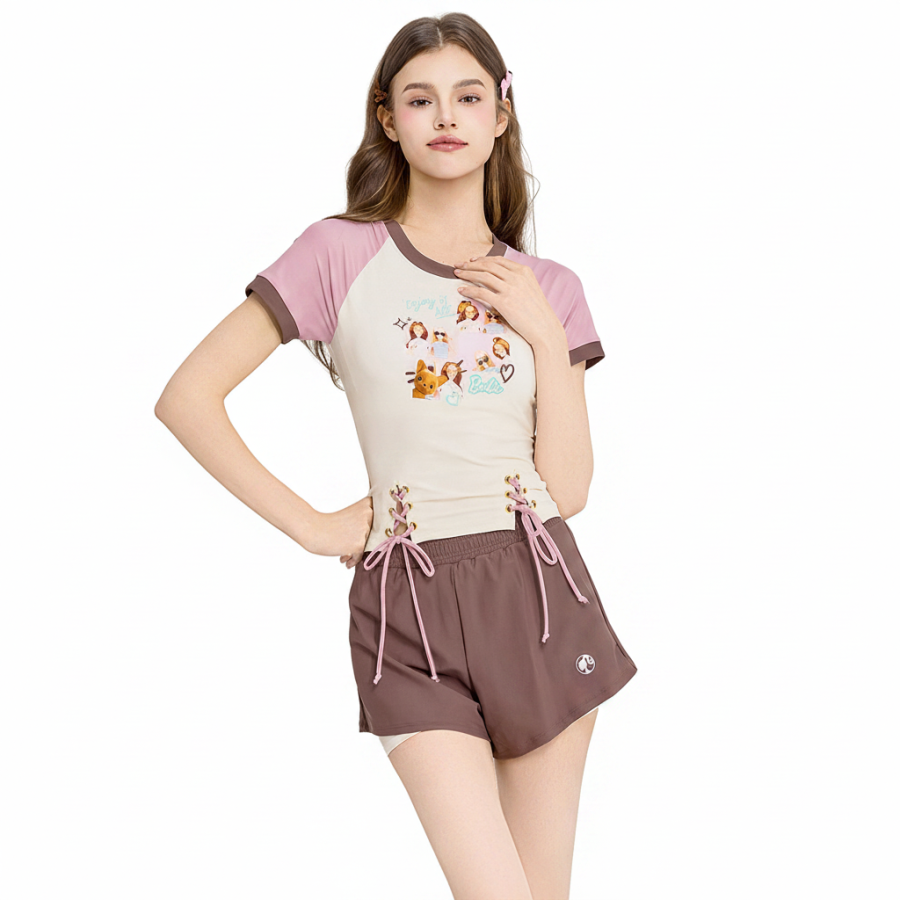 Barbie Two Piece Swimsuits Women's Pink Brown Crew Neck Moderate Square Leg Two Piece Swimsuit