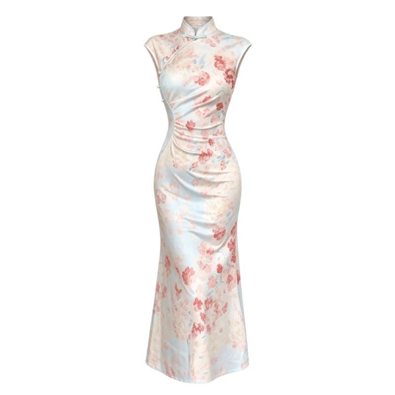 CPAURA Short Sleeved Dresses Women's Multicolor Stand Collar Moderate Long Skirt Bodycon Skirt