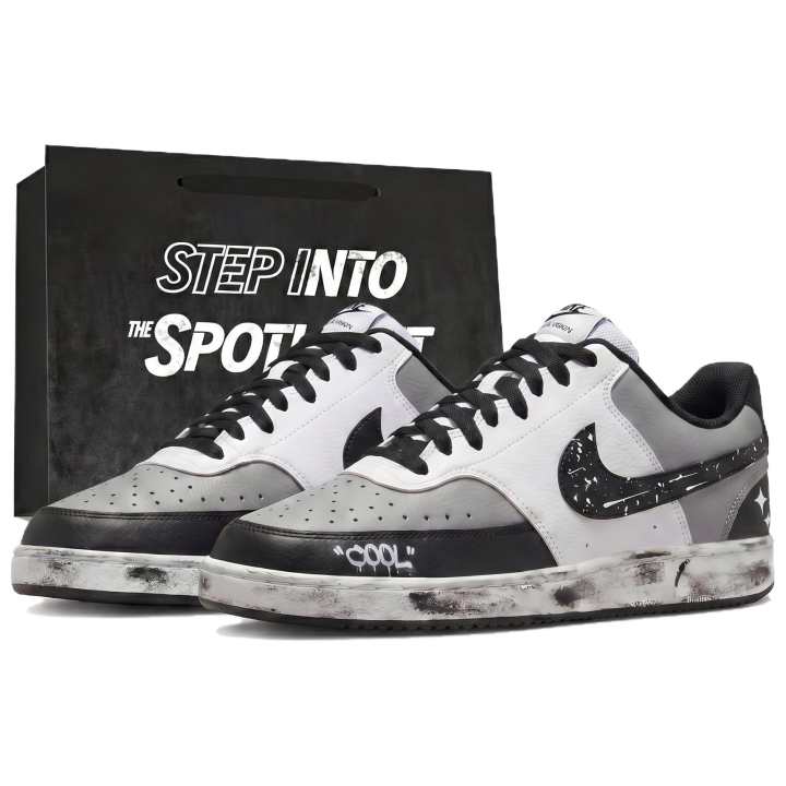 Nike Nike Court Vision Low Skateboard Shoes Unisex Low Top Black Gray White Ink Splatter Gradient