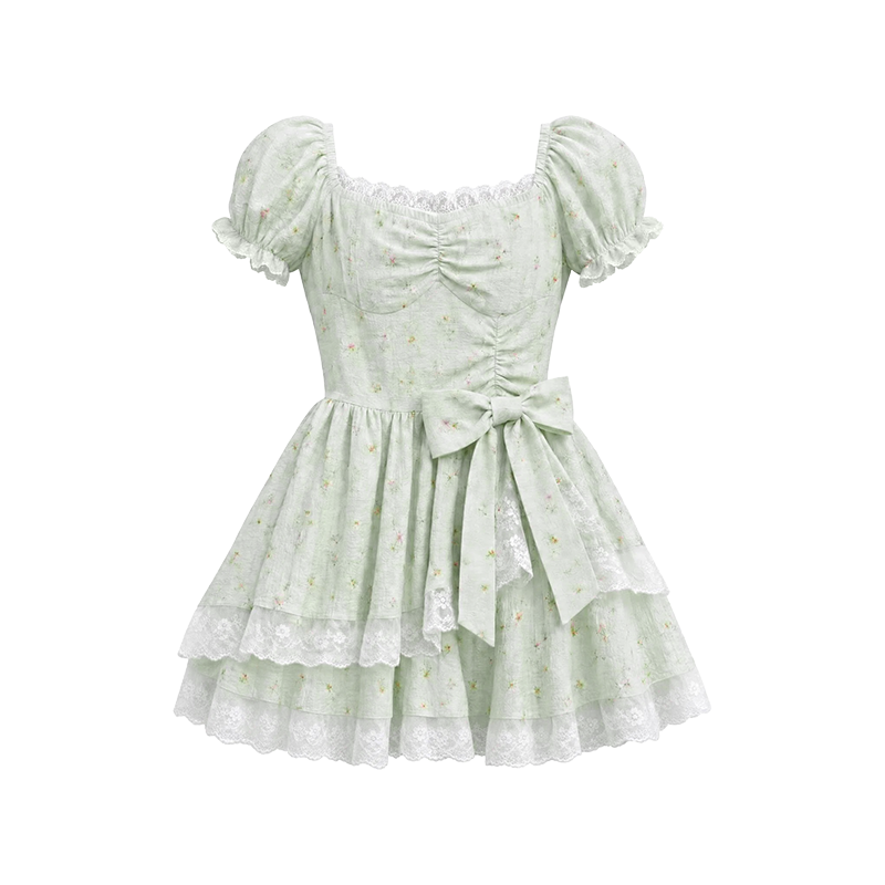 FABRIC PIG Short Sleeved Dresses Women's Light Green Short Sleeved Short Skirt Square Collar Thin Short Skirt A Line Skirt