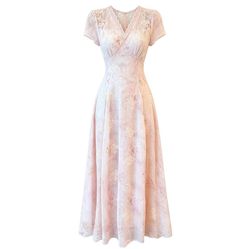 CPAURA Short Sleeved Dresses Women's Pink V Neck Moderate Long Skirt A Line Skirt