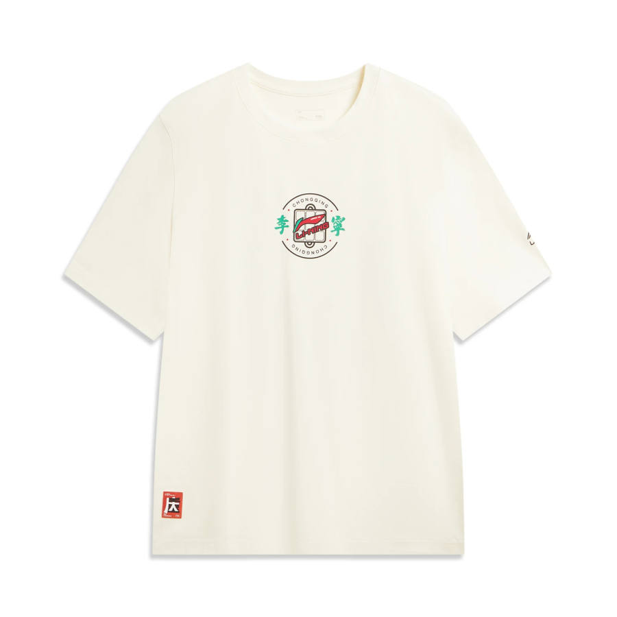 Li-Ning Li Ning Sports Life Collection T Shirts Unisex Mother Of Pearl White Crew Neck Moderate Straight Fit