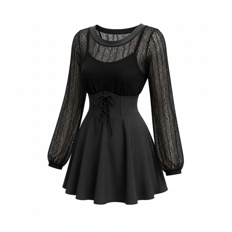 Barbie One Piece Swimsuits Women's Black Crew Neck Moderate Short Skirt One Piece Swimsuit