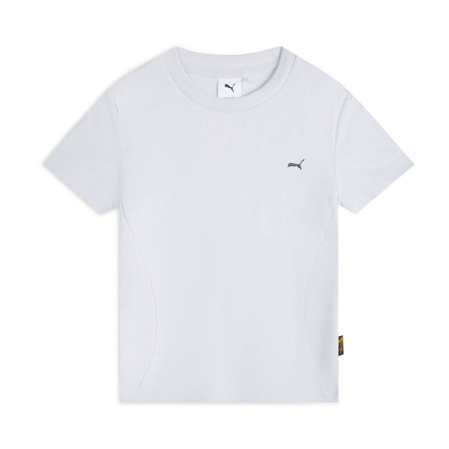 PUMA ESS ELEVATED T Shirts Women's Silver Crew Neck Moderate Straight Fit