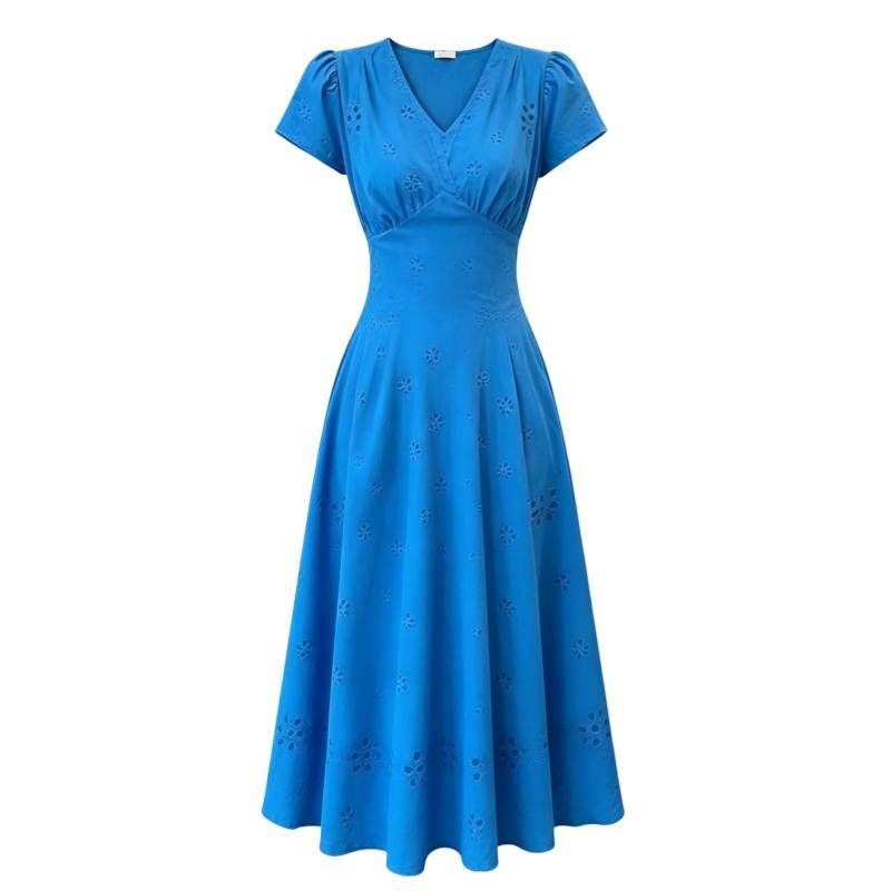 CPAURA Short Sleeved Dresses Women's Blue V Neck Moderate Long Skirt A Line Skirt