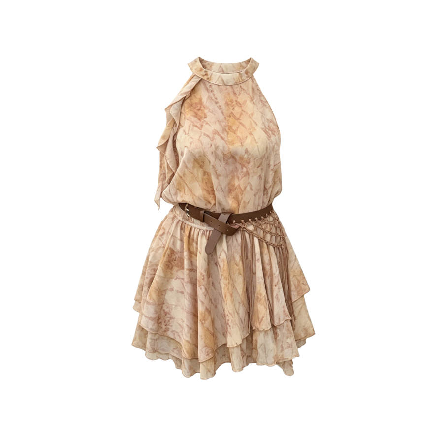 TUSHIFEI Sleeveless Dresses Women's Yellow Halter Moderate Short Skirt A Line Skirt