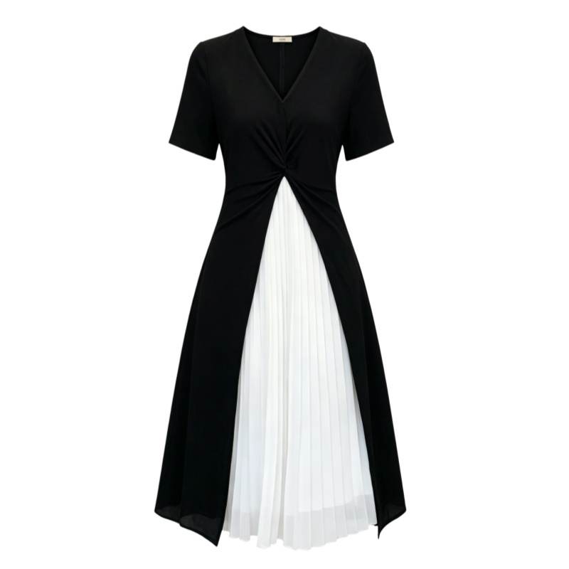 CPAURA Short Sleeved Dresses Women's Black V Neck Moderate Long Skirt A Line Skirt