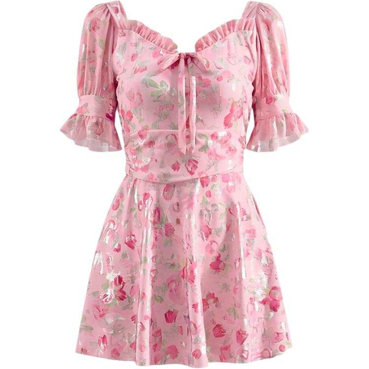 Barbie One Piece Swimsuits Women's Pink Butterfly Square Collar Moderate Short Skirt One Piece Swimsuit