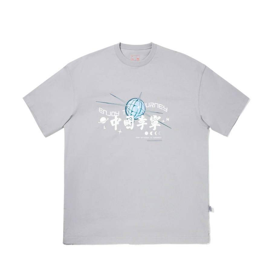 Li-Ning Li Ning T Shirts Unisex Geological Gray Crew Neck Moderate Straight Fit