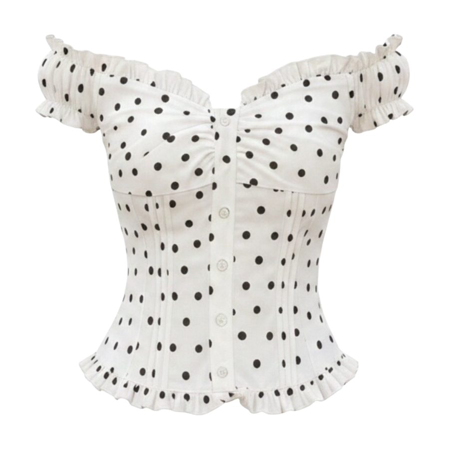 FINDSME GAGA Shirts Women's Apricot Polka Dot V Neck Moderate Nipped In Waist