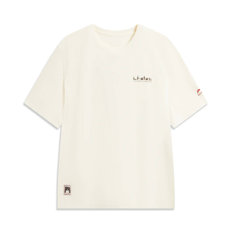 Li-Ning Li Ning China Culture Collection T Shirts Unisex Mother Of Pearl White Crew Neck Moderate Straight Fit