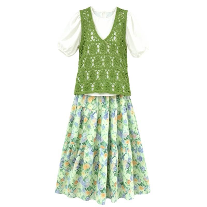 CPAURA Two Piece Skirt Sets Women's Crew Neck Moderate Long Skirt