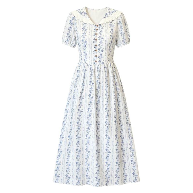 CPAURA Short Sleeved Dresses Women's Beige Apricot Peter Pan Collar Moderate Long Skirt A Line Skirt