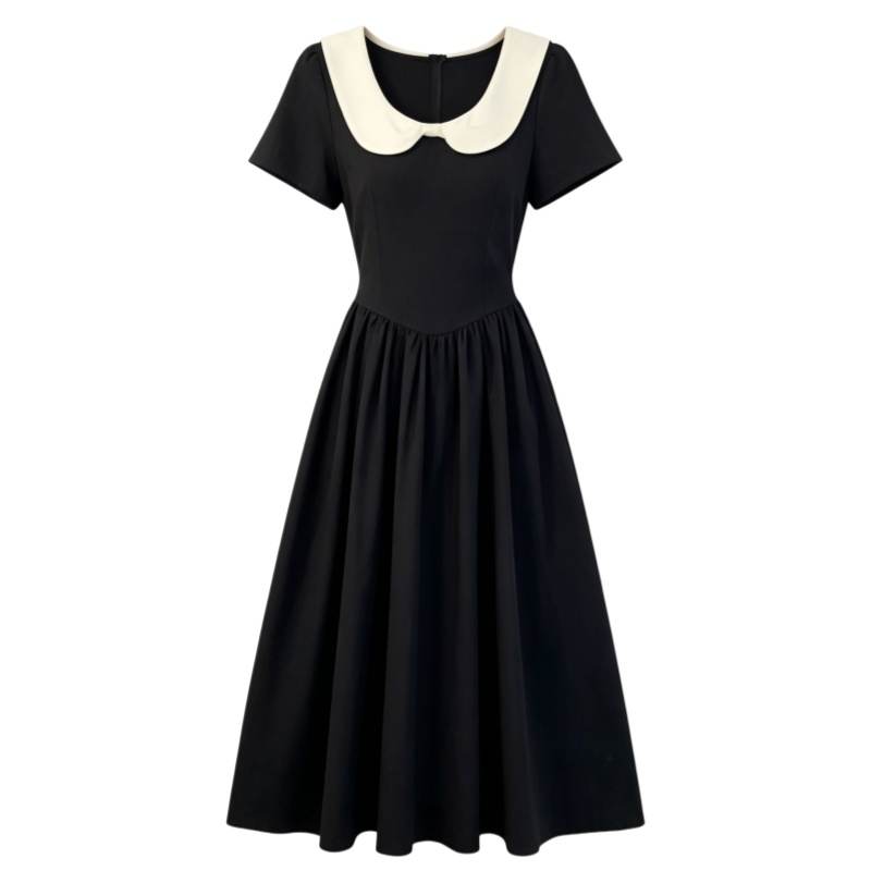 CPAURA Short Sleeved Dresses Women's Black Peter Pan Collar Moderate Long Skirt A Line Skirt