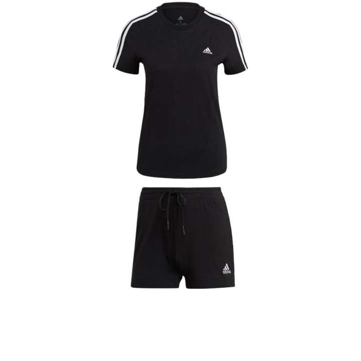 Adidas Adidas ESSENTIALS Casual Suits Women's Set Black Top+Black Bottom Crew Neck Moderate