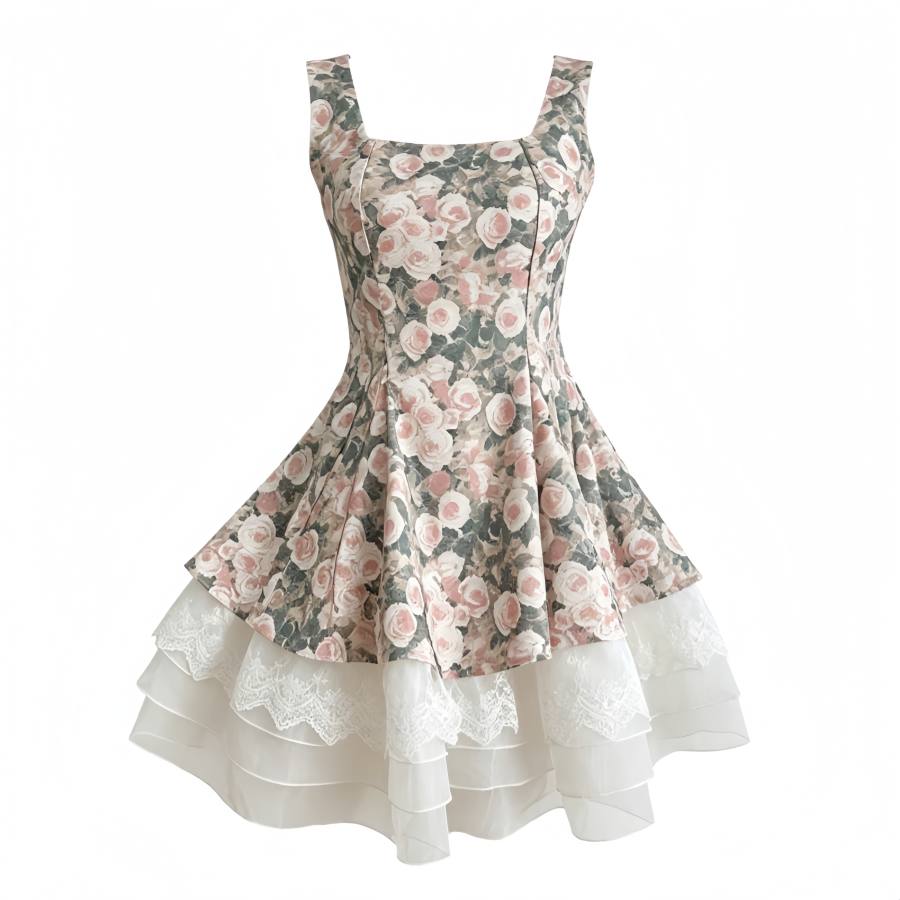 CPAURA Sleeveless Dresses Women's Forest Green With Bowknot Square Collar Moderate Short Skirt A Line Skirt