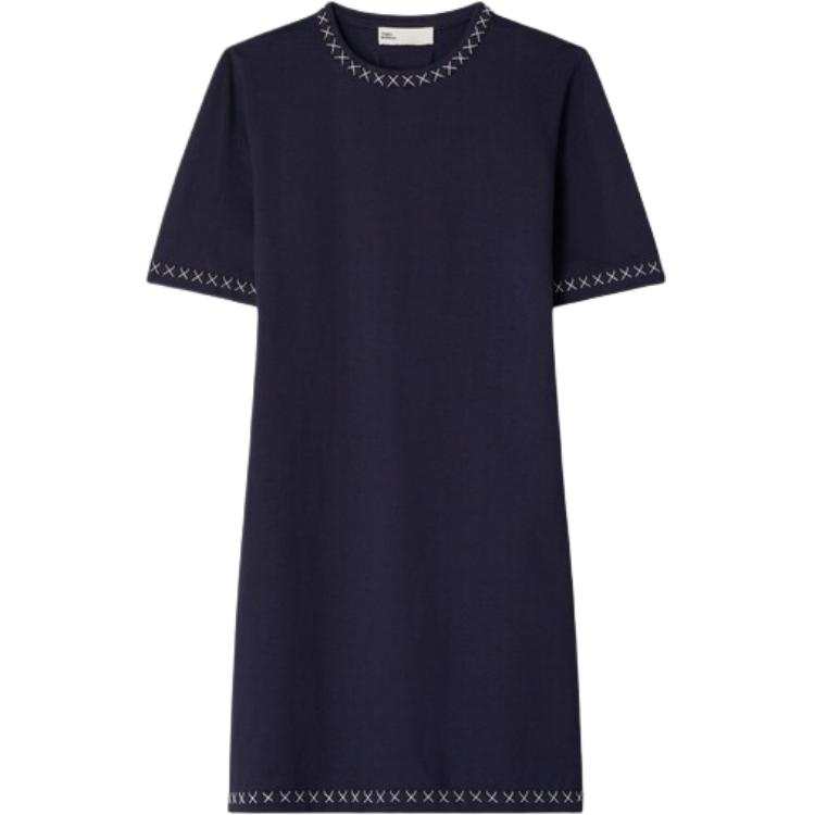 TORY BURCH Short Sleeved Dresses Women's Marine Blue Crew Neck Moderate Midi Skirt