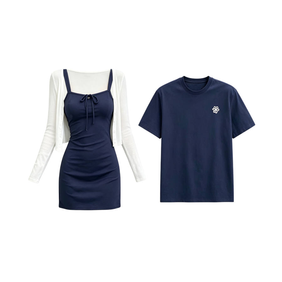 TUSHIFEI Couple Sets Women's Crew Neck Moderate Short Skirt