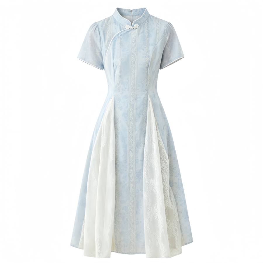 CPAURA Short Sleeved Dresses Women's Blue Stand Collar Moderate Long Skirt A Line Skirt