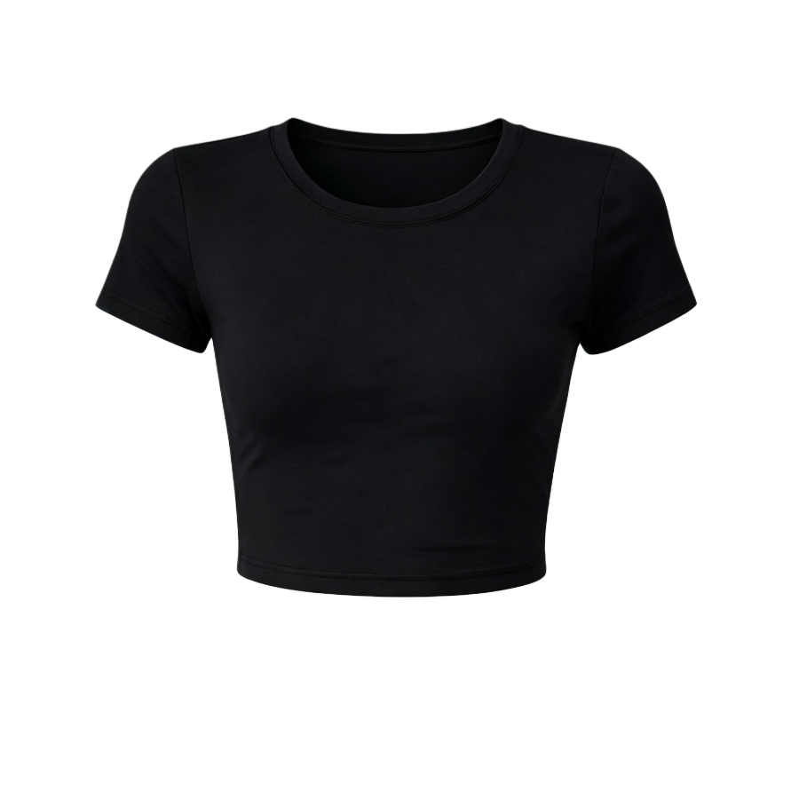 Sugarfunk Quick Dry T Shirts Women's Black Crew Neck Thin Nipped In Waist